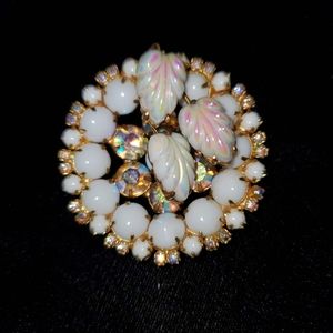 Milk Glass Aurora Borealis Leaf Rhinestone Brooch 1950's